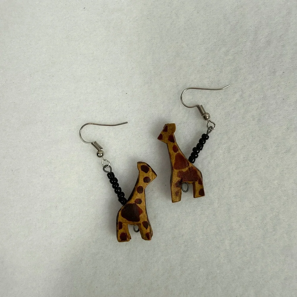 Hand Carved Wooden‎ Giraffe Earrings Beaded Dangle Handmade